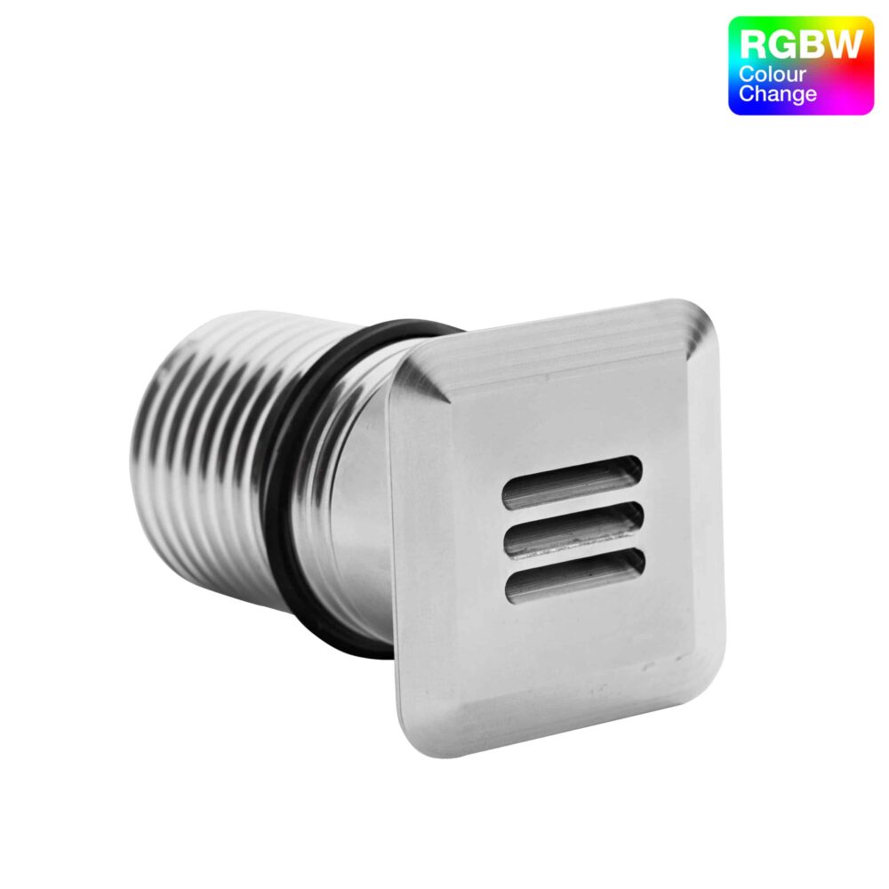 LuxR Modux Four RGBW Louvre in stainless steel showing its threaded barrel and louvred face