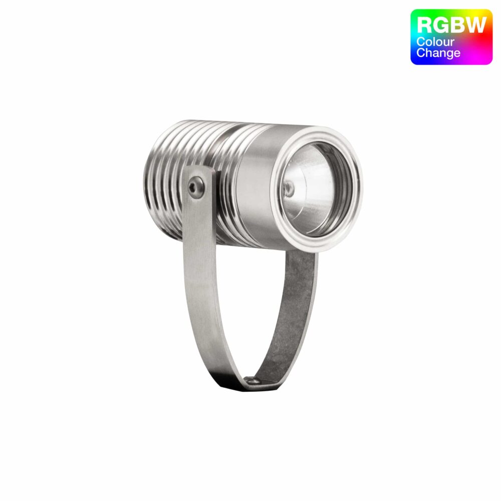 LuxR Modux Four RGBW Surface Mount Spot in stainless steel on a U-shaped bracket