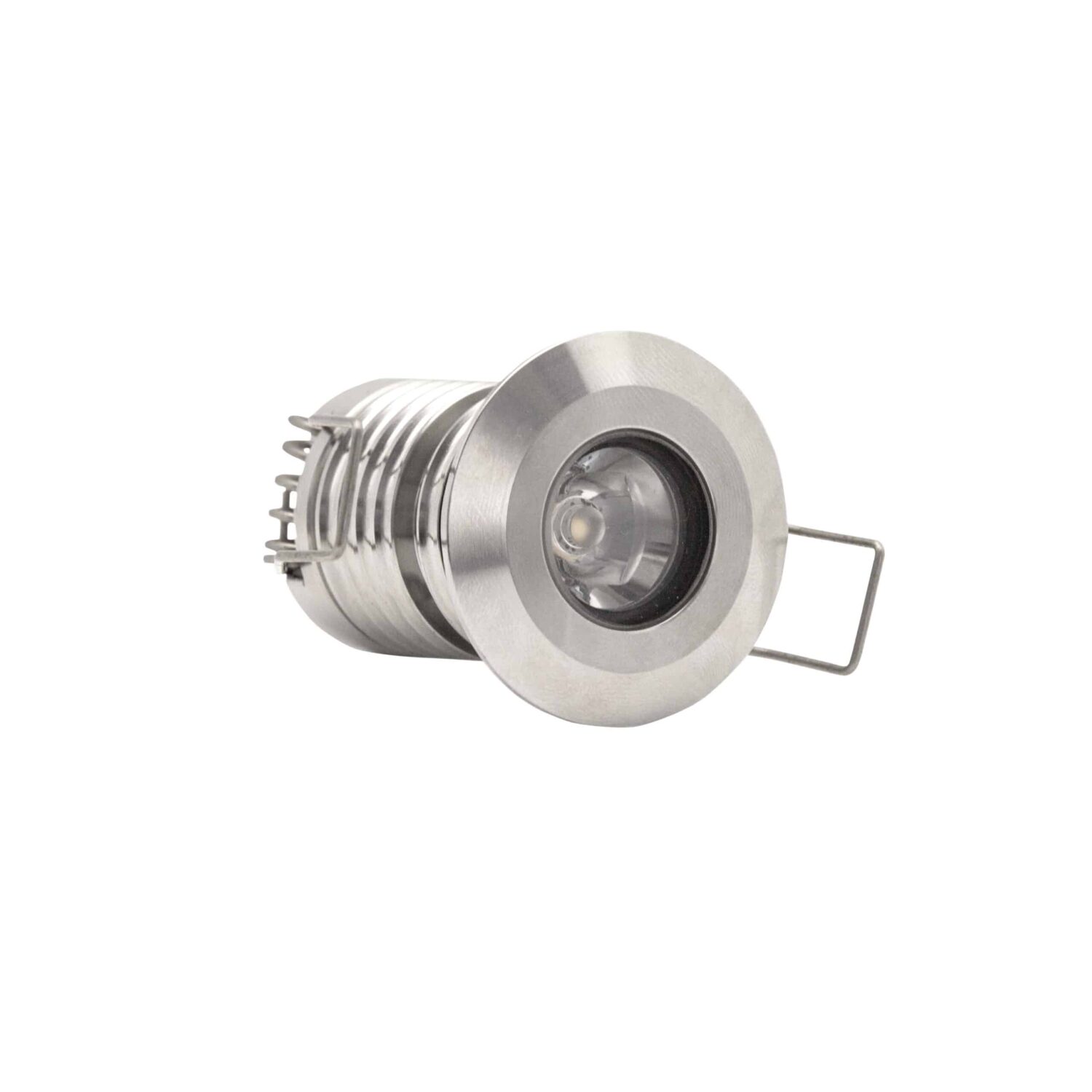 LuxR Modux One Round Recessed Plug in stainless steel with its spring clips