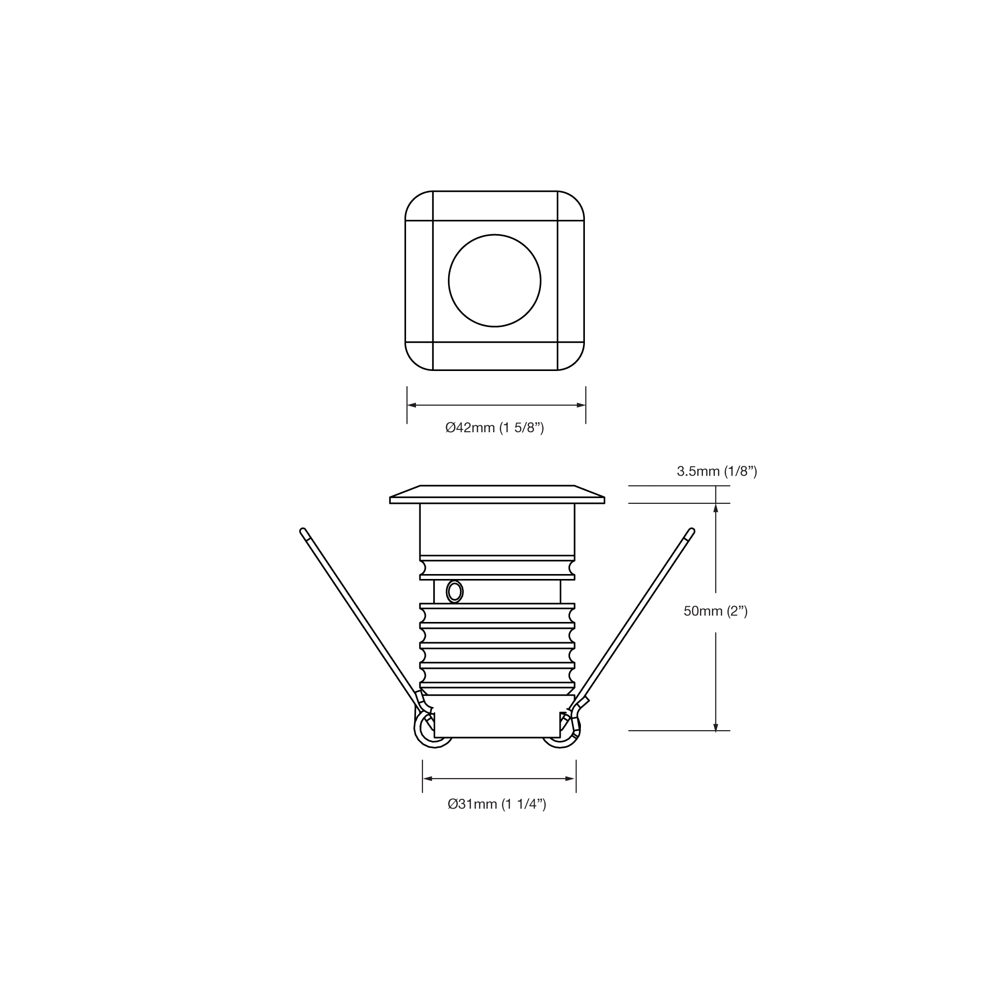 Dimensioned line drawing of the LuxR Modux One Square Recessed Plug