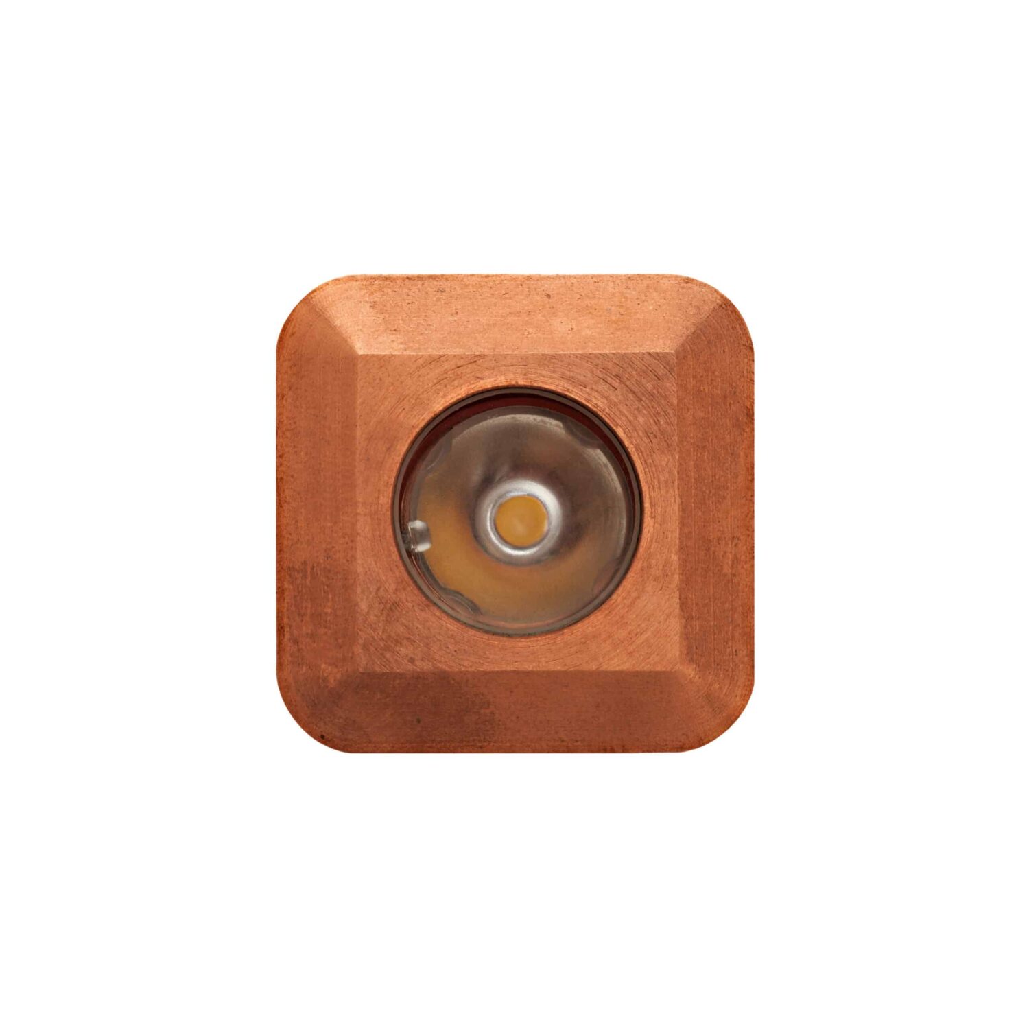LuxR Modux One Square in solid copper seen face-on with its lens