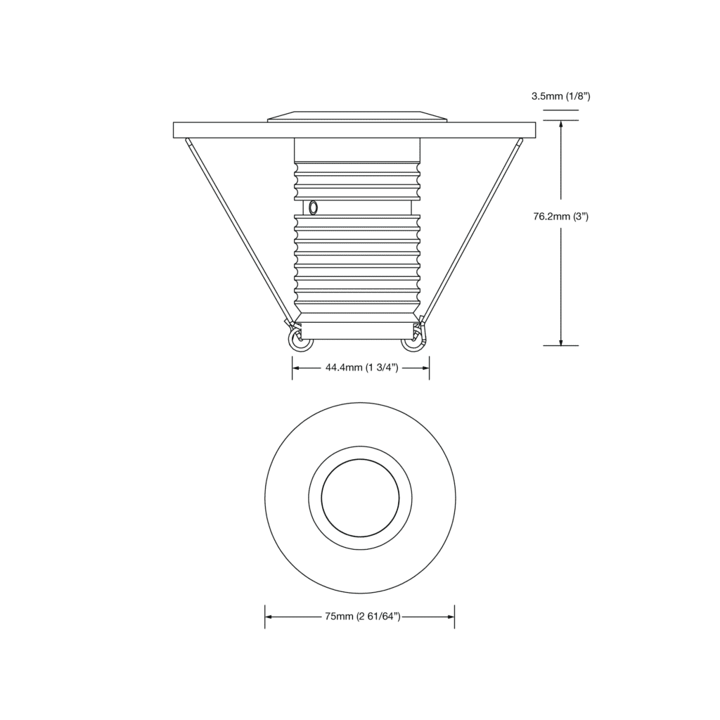 Dimensioned line drawing of the LuxR Modux Four Large Round Recessed Plug