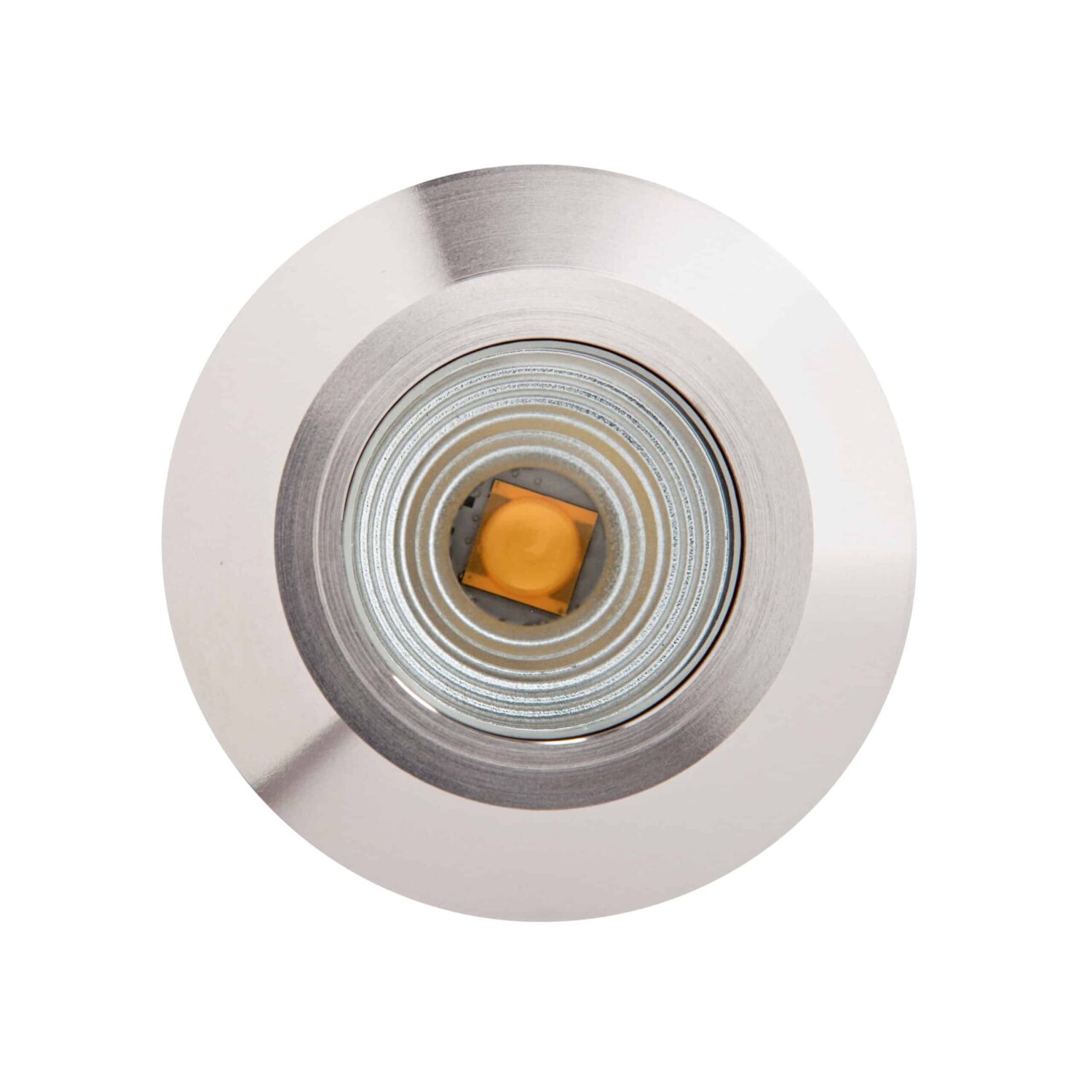 LuxR Modux Four Round in stainless steel seen face-on with its LED