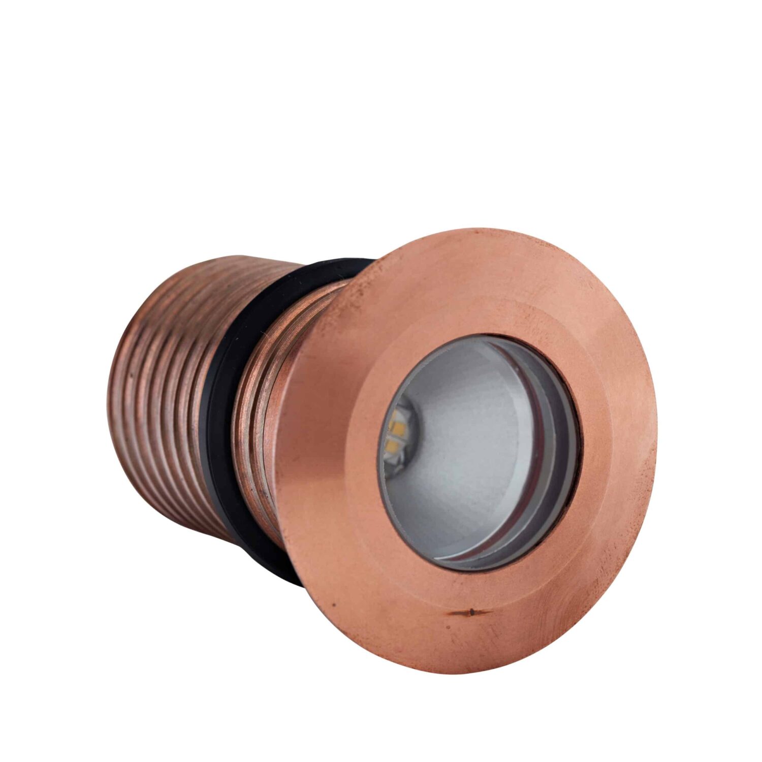 LuxR Modux Four Round in solid copper showing its threaded barrel and lens