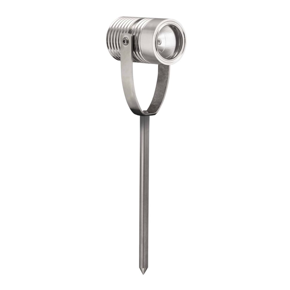 LuxR Modux Four Spike Spot in stainless steel shown full height on its ground spike