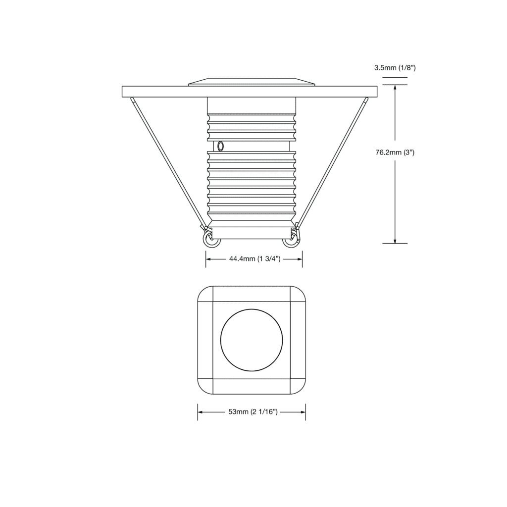 Dimensioned line drawing of the LuxR Modux Two Square Recessed Plug