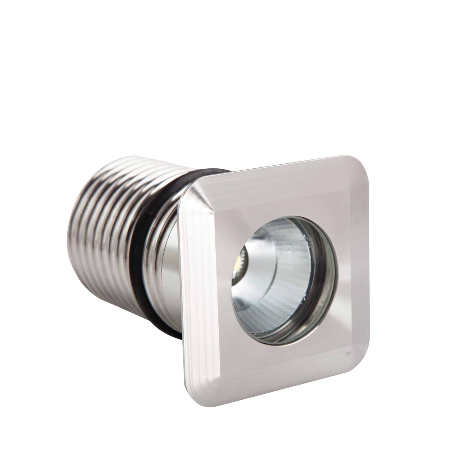 LuxR Modux Four Square in stainless steel showing its threaded barrel and lens