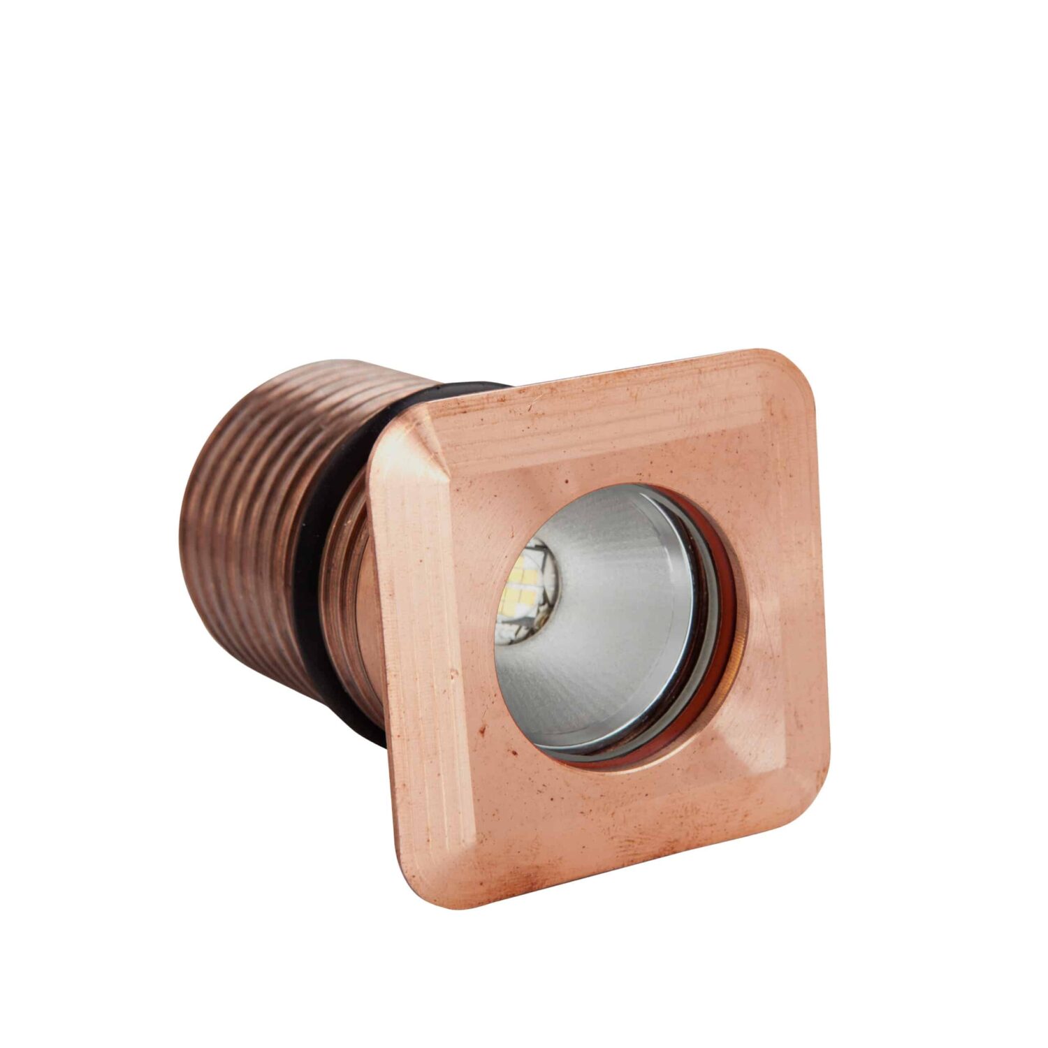 LuxR Modux Four Square in solid copper showing its threaded barrel and lens