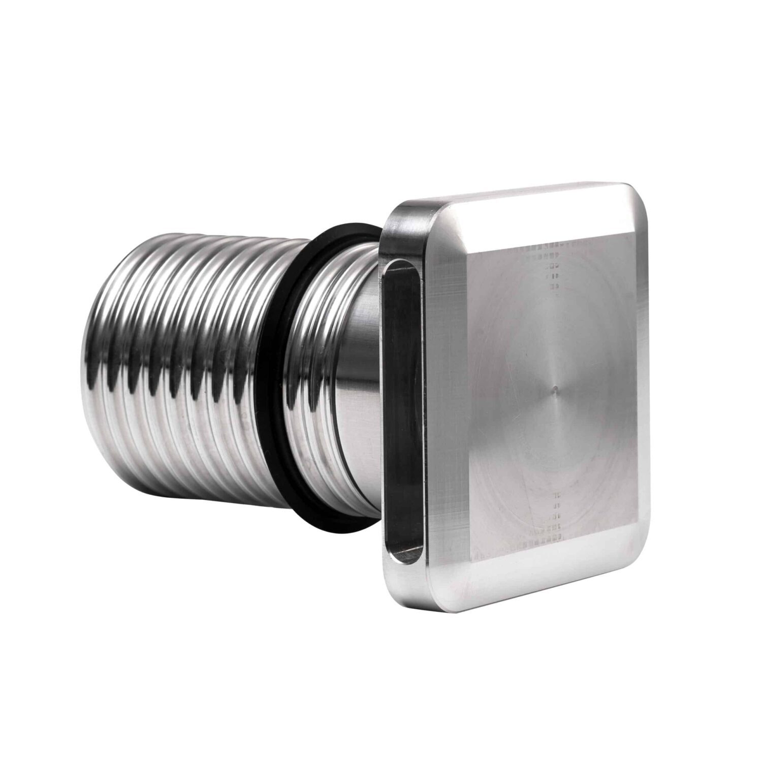 LuxR Modux Four Squarelight in stainless steel shown at an angle with its threaded barrel