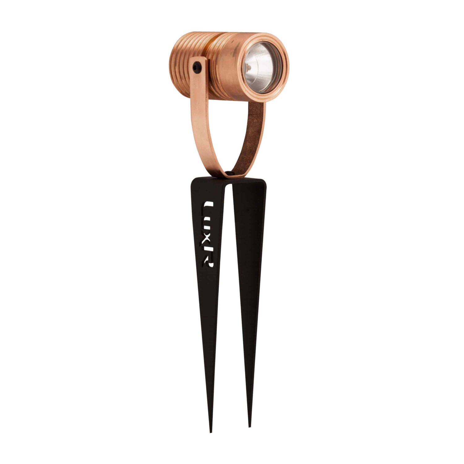 LuxR Modux Four Stake Spot in solid copper shown full height on its twin-prong stake