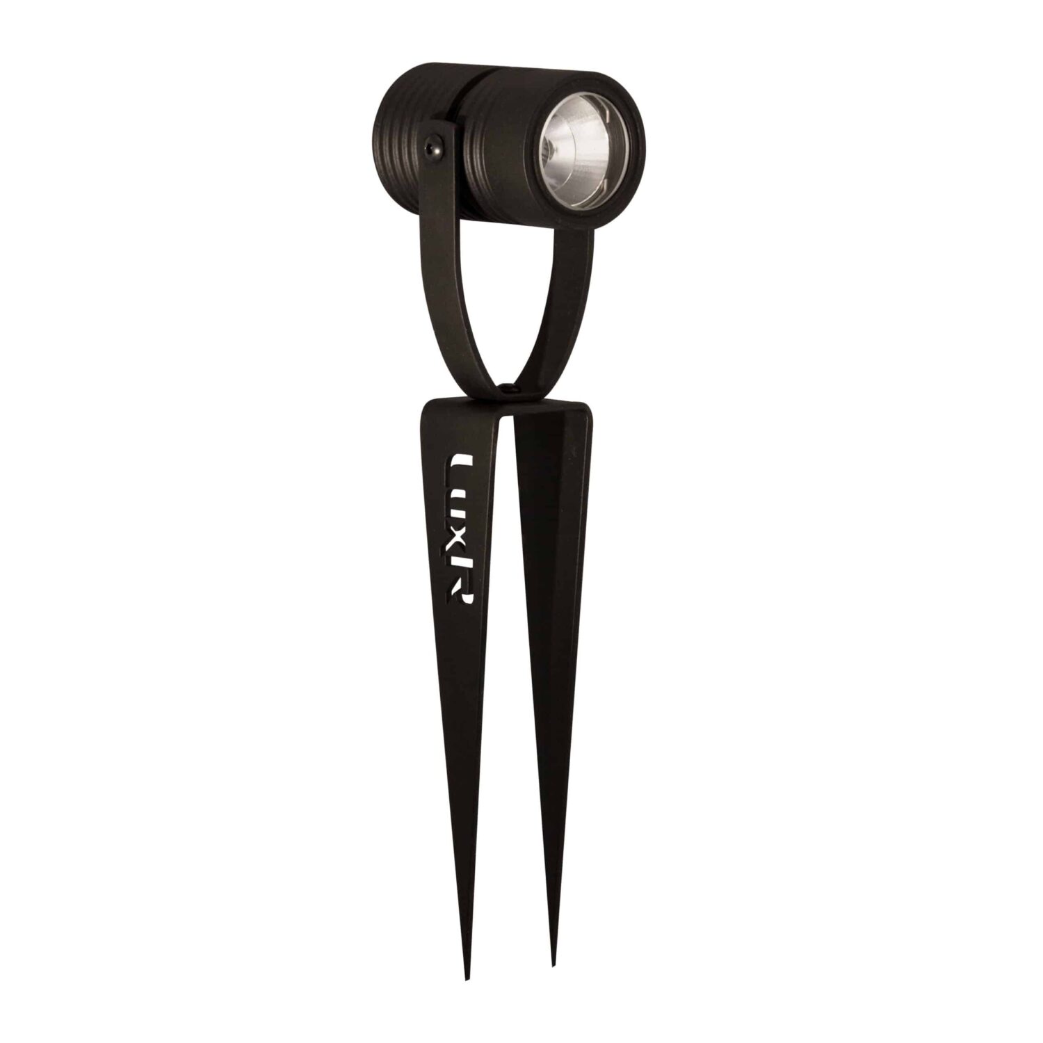 LuxR Modux Four Stake Spot in black shown full height on its twin-prong stake