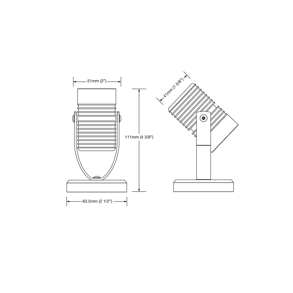 Dimensioned line drawing of the LuxR Modux Four RGBW Weighted Base Spot