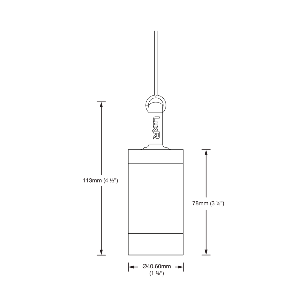 Dimensioned line drawing of the LuxR Modux Two Hanging Light