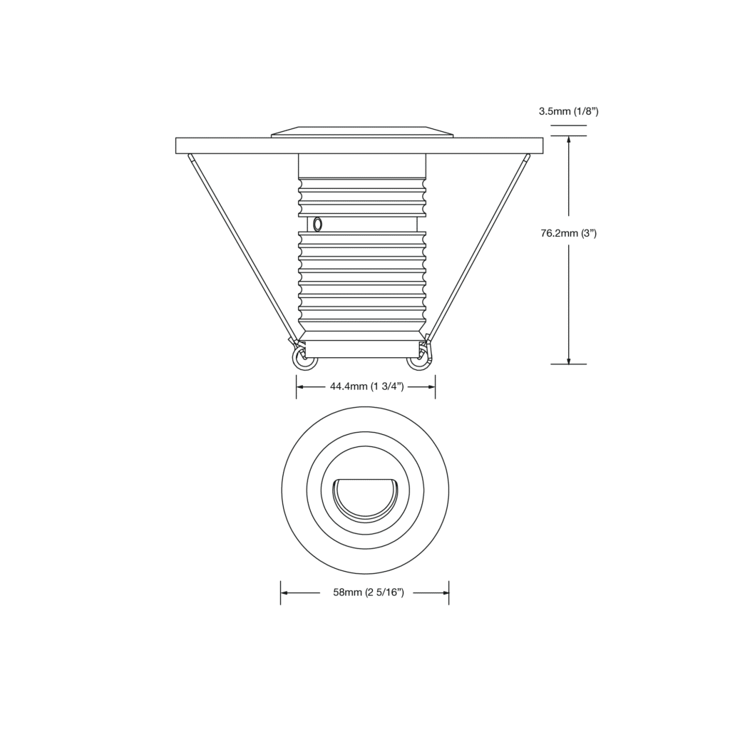 Dimensioned line drawing of the LuxR Modux Two Wall Washer Recessed Plug