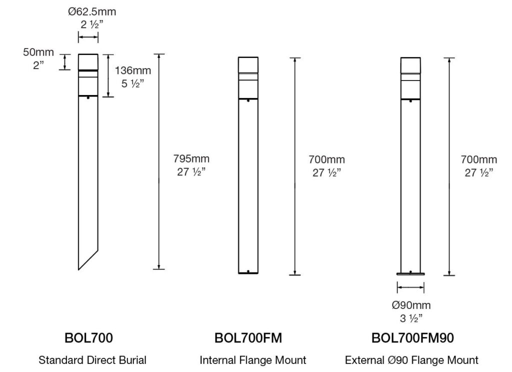 Dimensioned line drawing of the Hunza Bollard 700