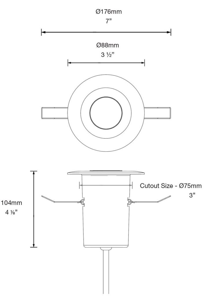 Dimensioned line drawing of the Hunza Eave Light Round