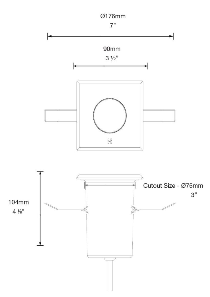 Dimensioned line drawing of the Hunza Eave Light Square