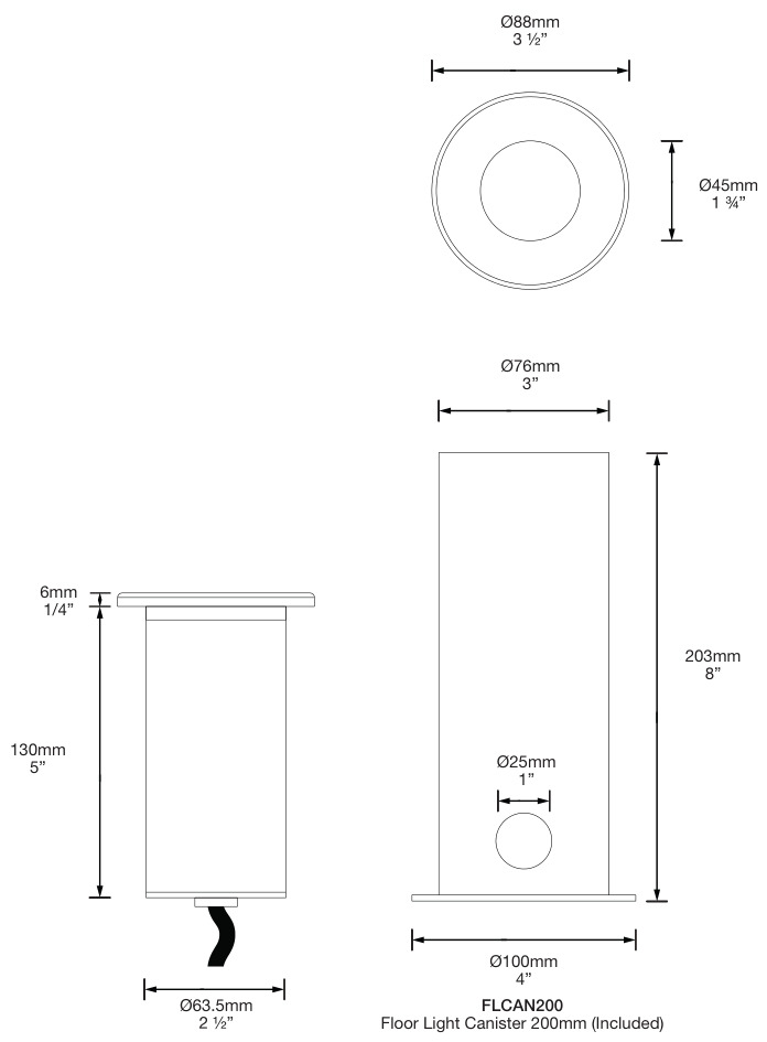 Dimensioned line drawing of the Hunza Floor Light Darklighter