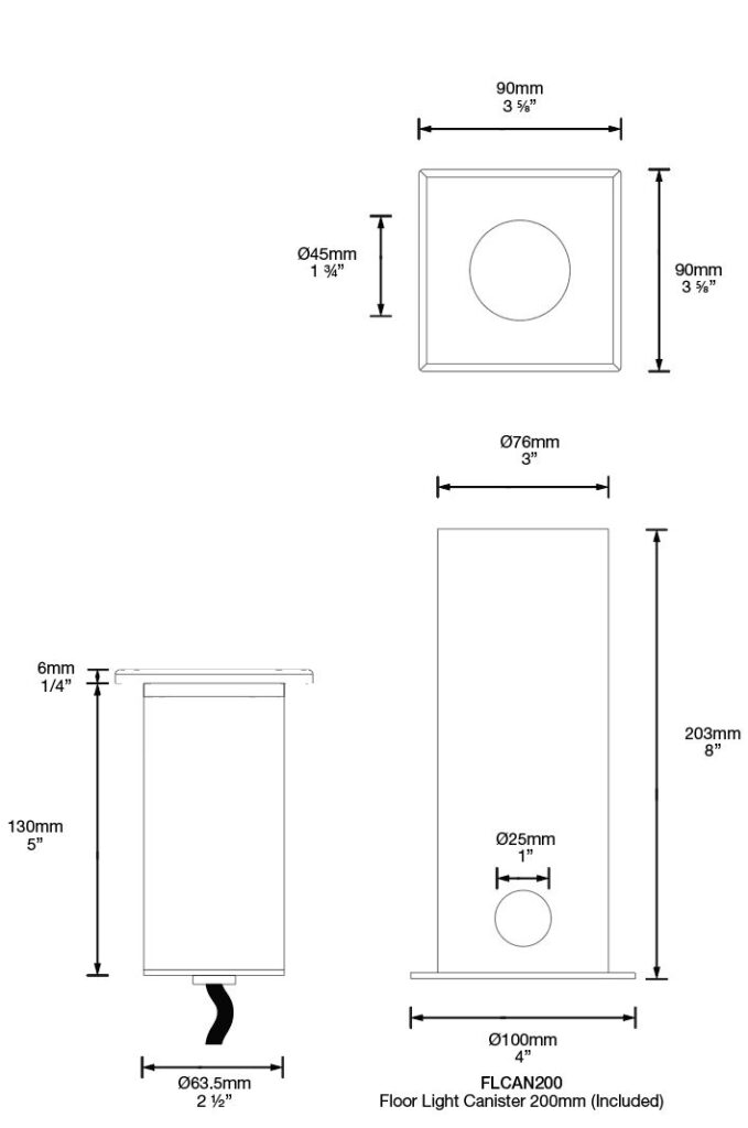 Dimensioned line drawing of the Hunza Floor Light Darklighter Square