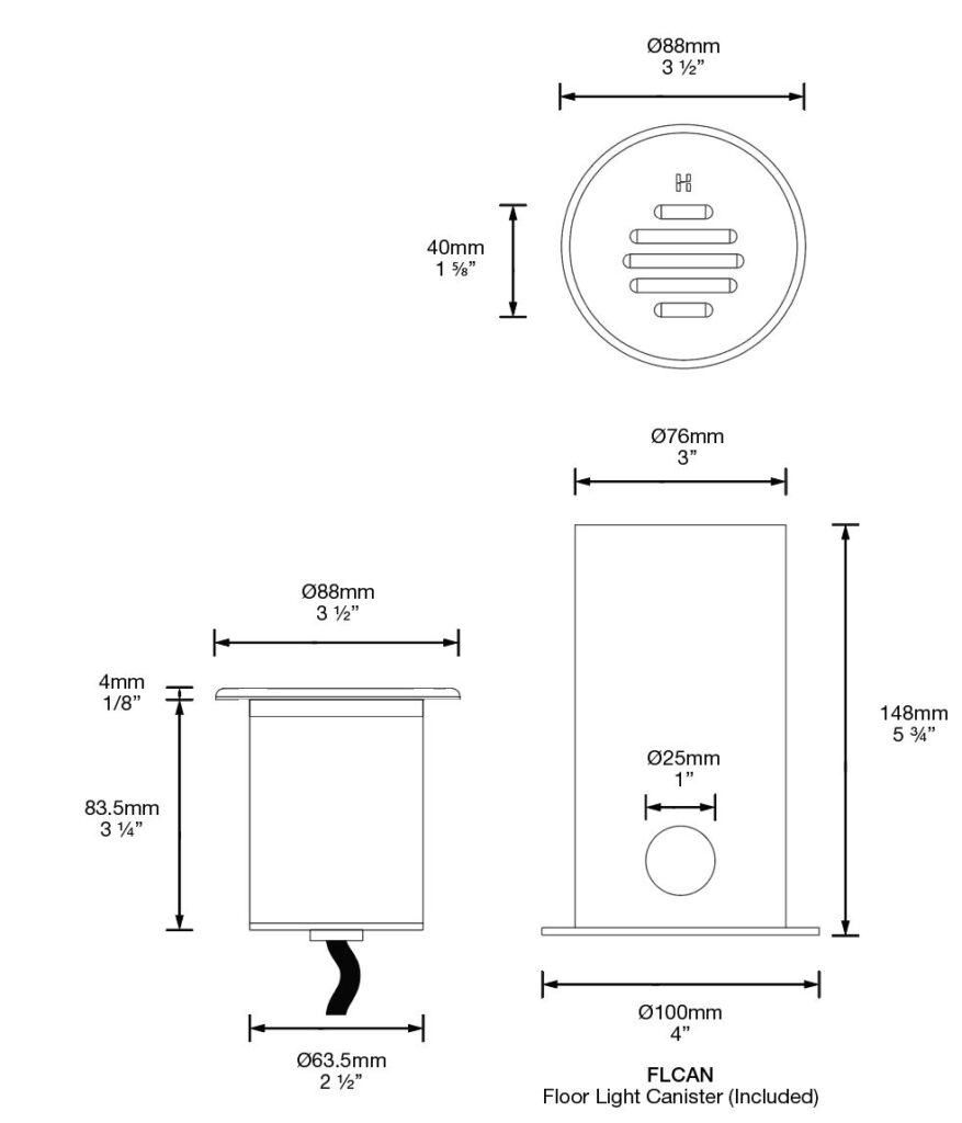 Dimensioned line drawing of the Hunza Floor Light Louvre