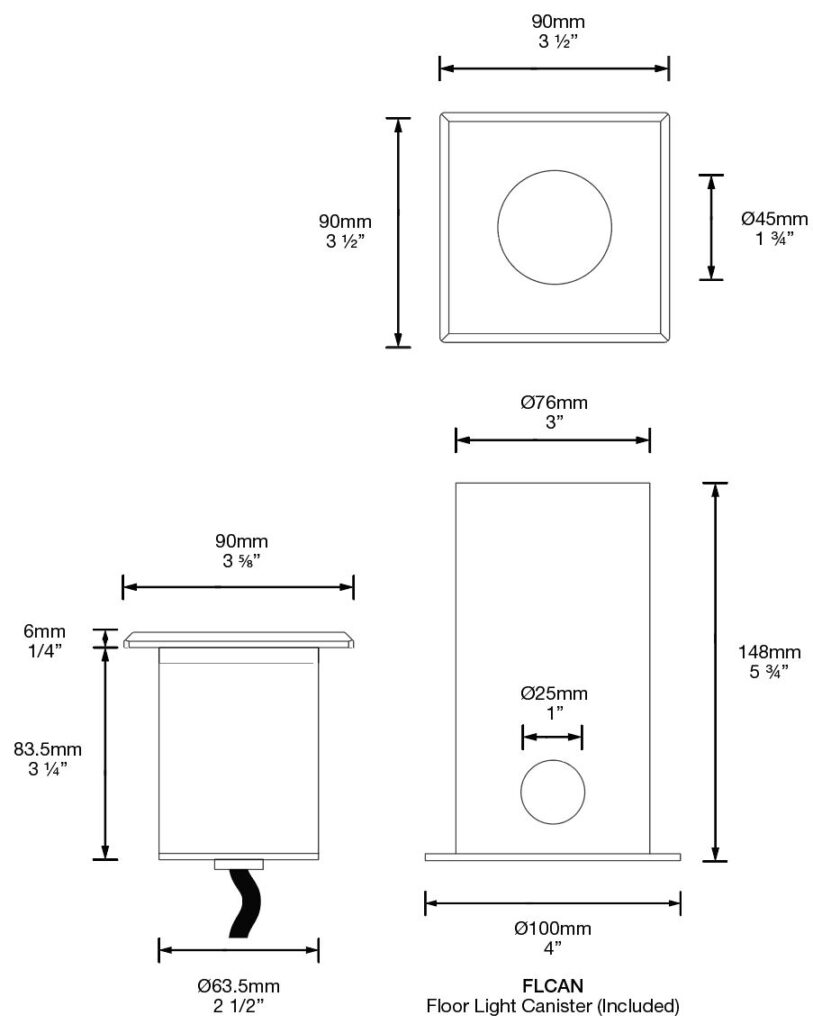 Dimensioned line drawing of the Hunza Floor Light Square