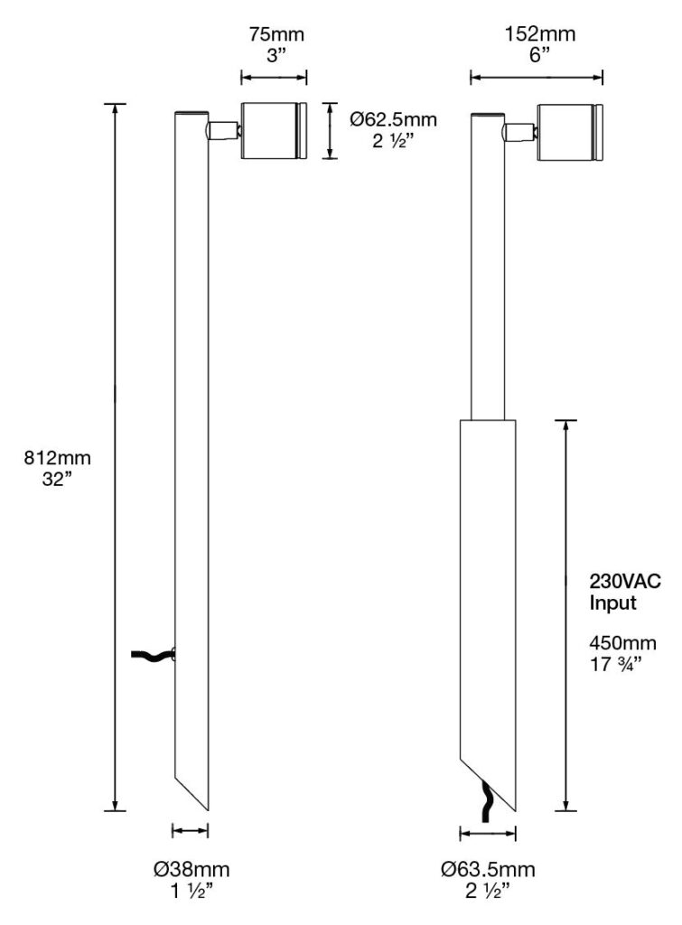 Dimensioned line drawing of the Hunza Single Pole Light