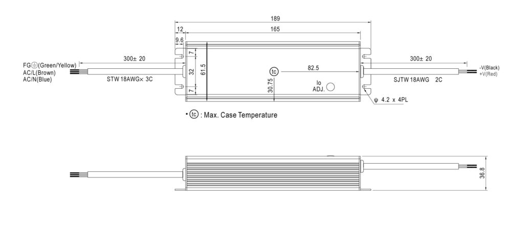 Dimensioned line drawing of the Hunza Mean Well 1050mA IP65 Constant Current Power Supply | 65W - Adjustable