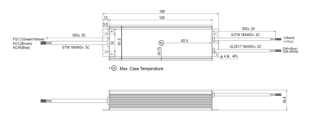 Dimensioned line drawing of the Hunza Mean Well 1050mA IP67 Constant Current Power Supply | 65W - Dim-to-off