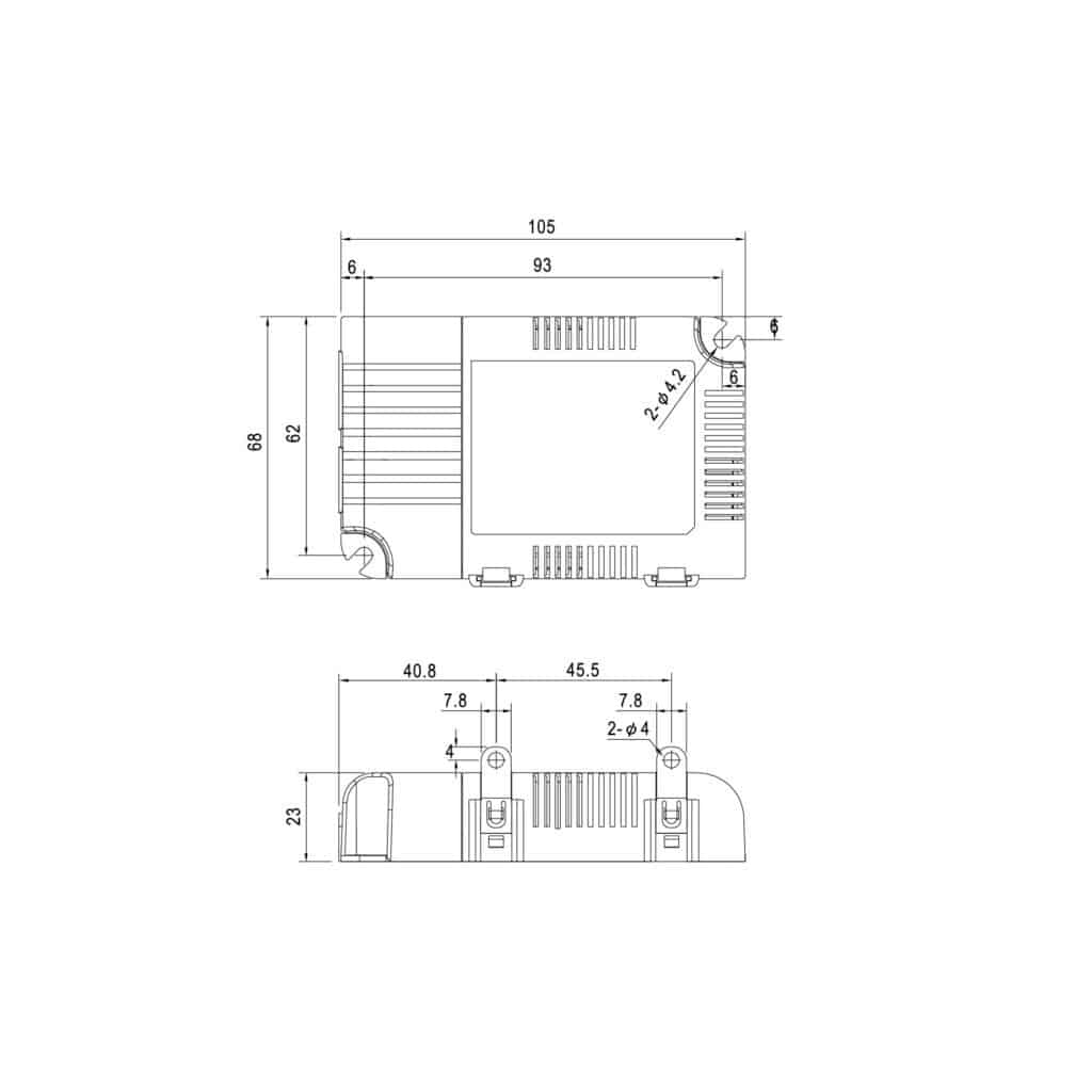 Dimensioned line drawing of the Meanwell LCM25DA 25W 500-1050mA LED Driver - DALI and Push