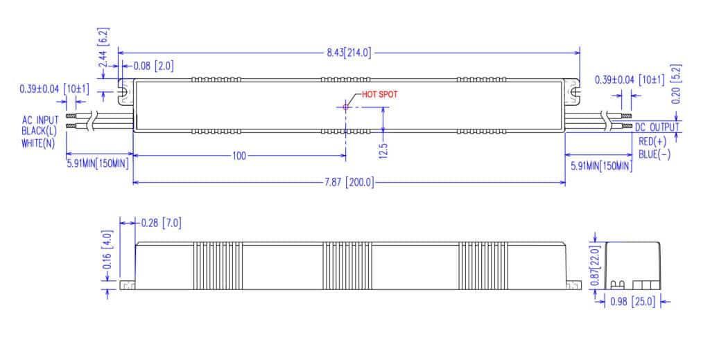 Dimensioned line drawing of the EPtronics 17W 24VDC Constant Voltage Driver