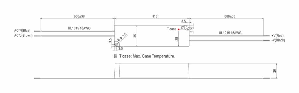 Dimensioned line drawing of the Hunza Mean Well LED Driver LPC-20-700 700mA (9-30v) IP67