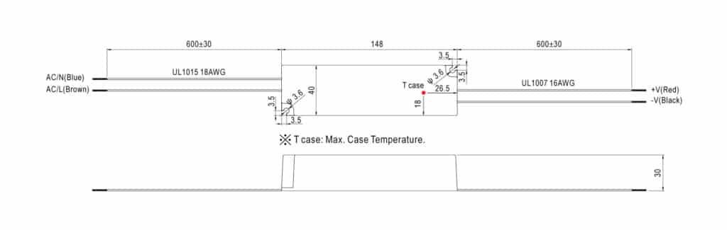 Dimensioned line drawing of the Hunza Mean Well LED Driver LPC-35-700 700mA (9-48v) IP67 (Sally)