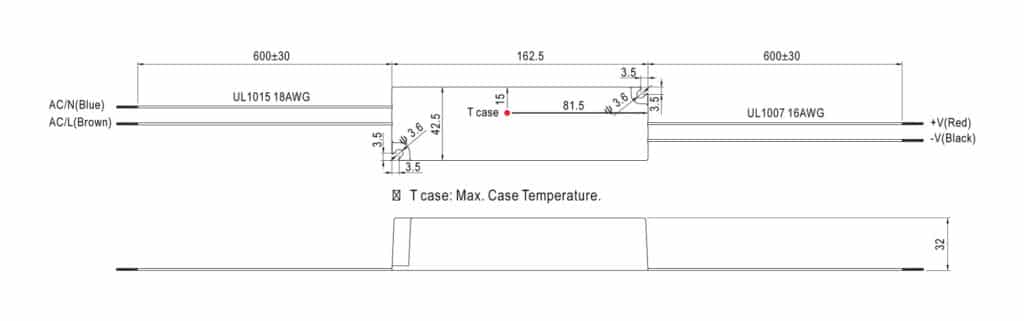 Dimensioned line drawing of the Hunza Mean Well LED Driver LPC-60-1050 1050mA (9-48v) IP67 (Andy)