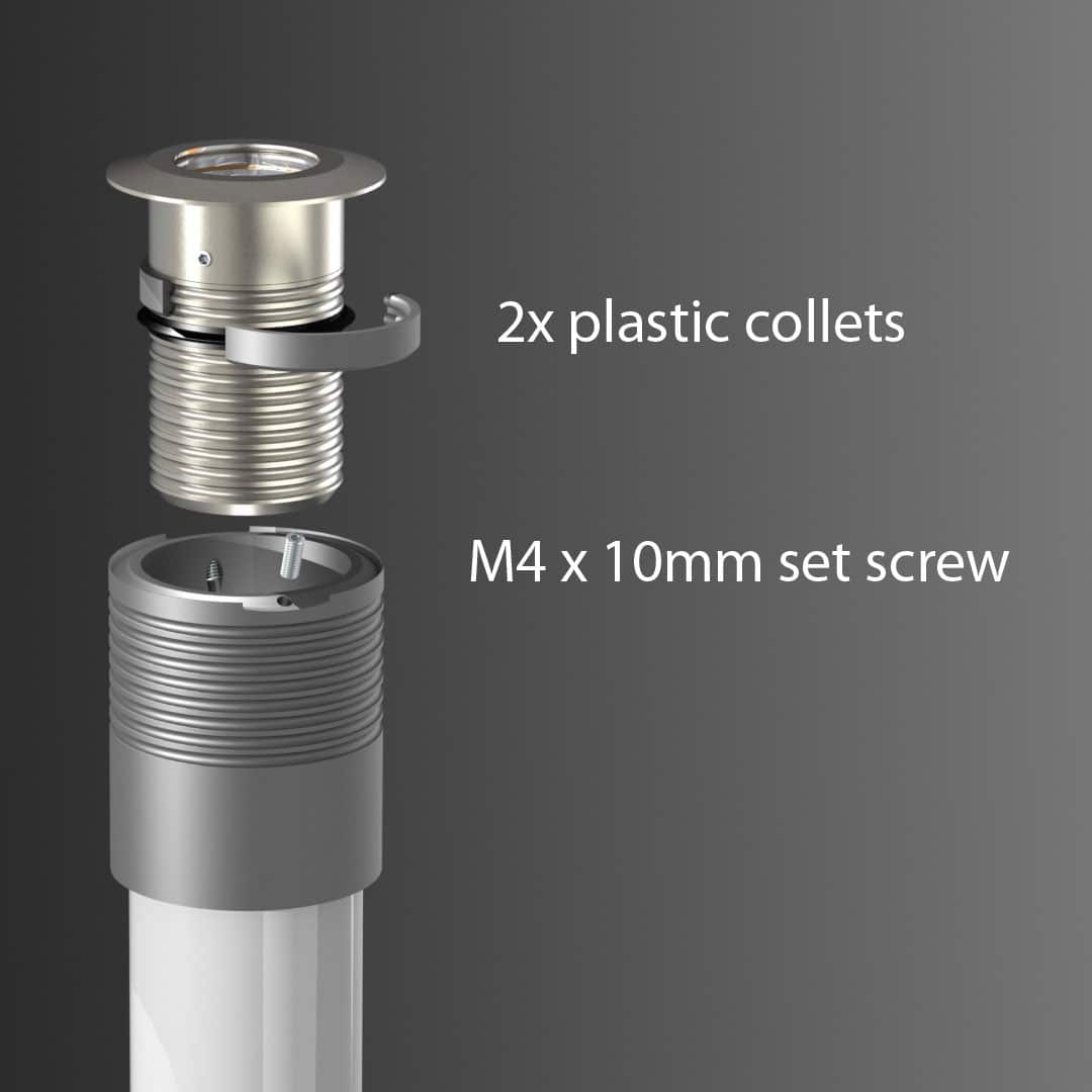 LuxR M2-M4 security canister shown exploded with its plastic collets and set screw