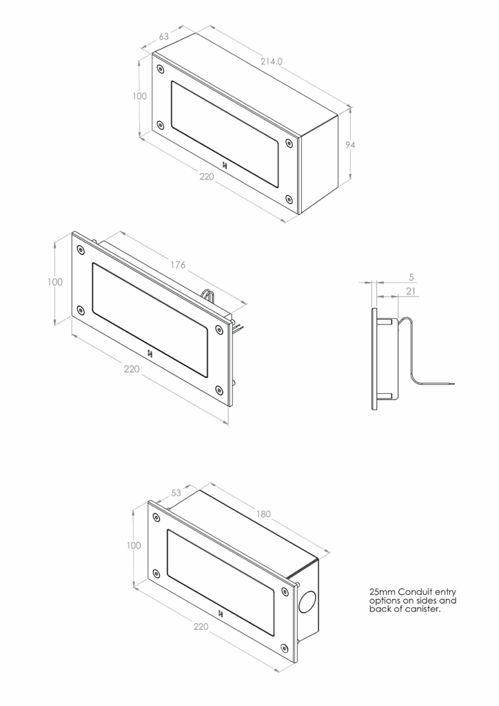 Dimensioned line drawing of the Hunza Brick Light