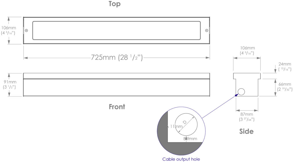 Dimensioned line drawing of the Hunza Adjustable Linear Light