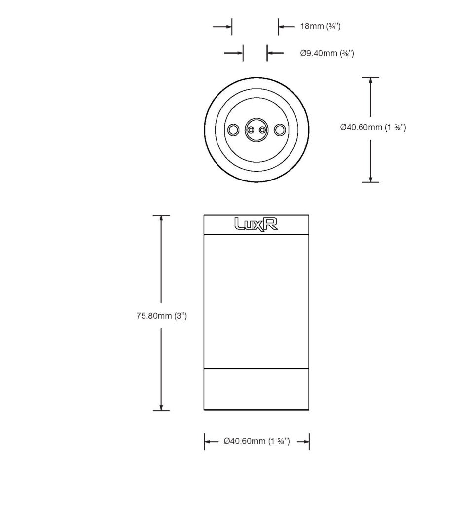 Dimensioned line drawing of the LuxR Modux Two Ceiling Mount