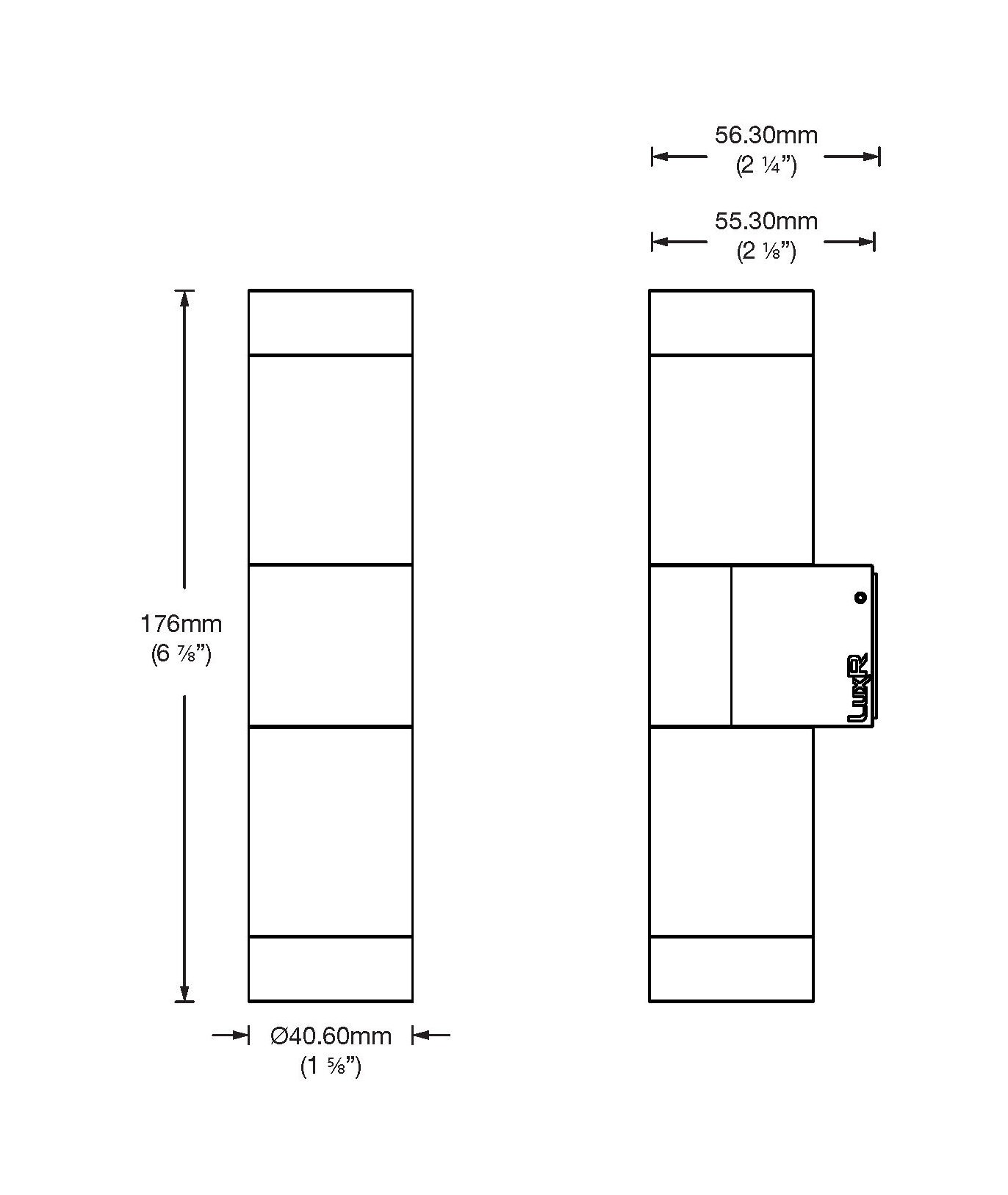 Dimensioned line drawing of the LuxR Modux Two Pillar Light