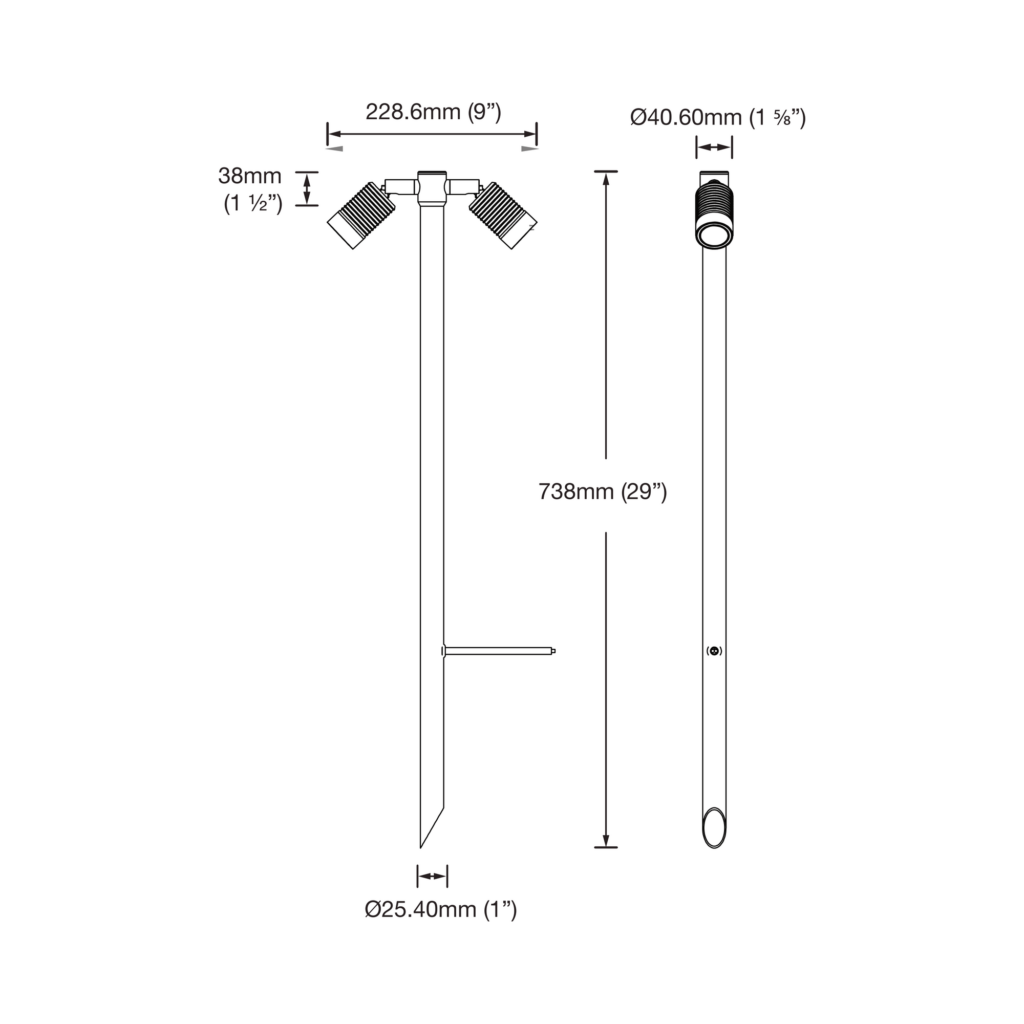 Dimensioned line drawing of the LuxR Modux Four Twin Pole Light