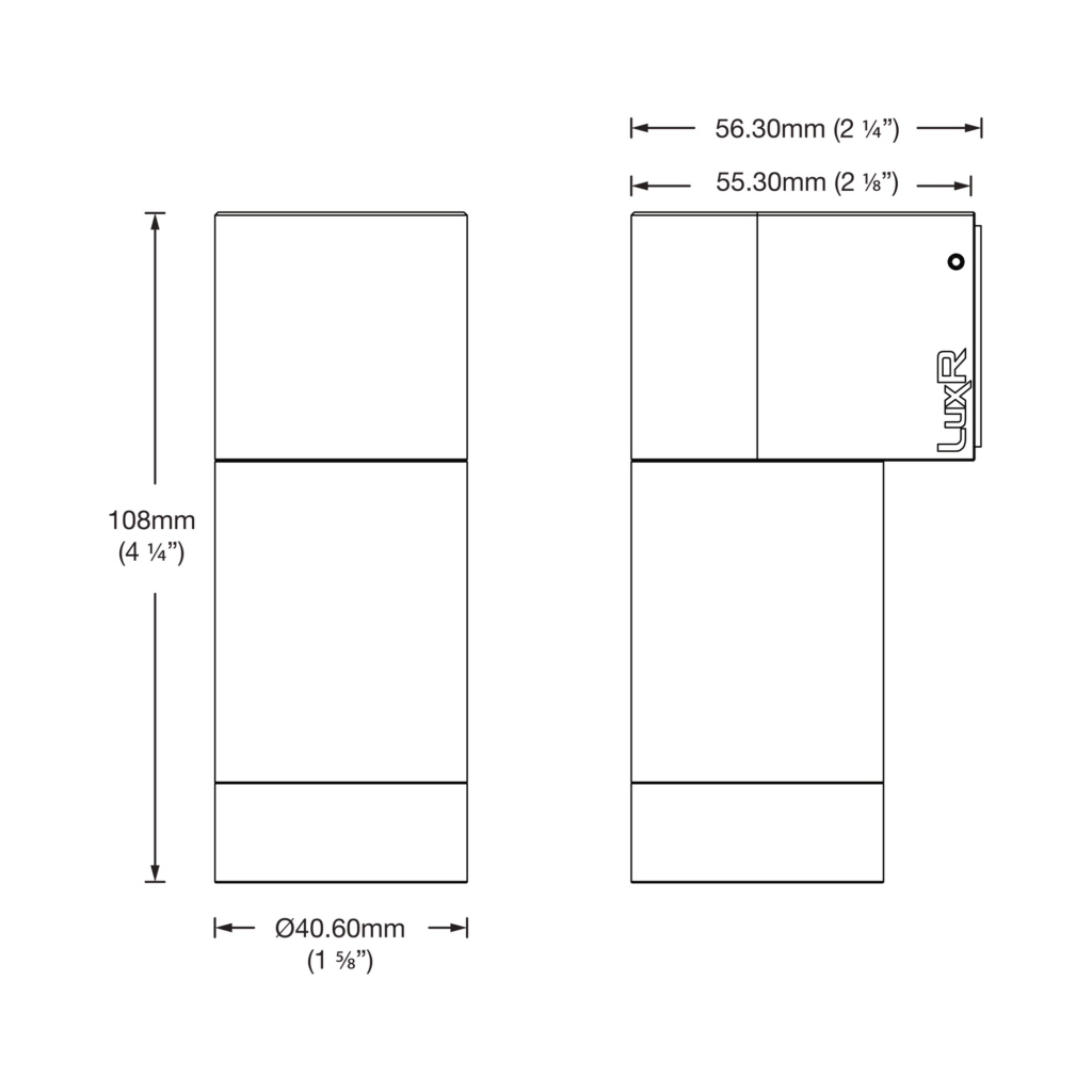 Dimensioned line drawing of the LuxR Modux Four Wall Down Light