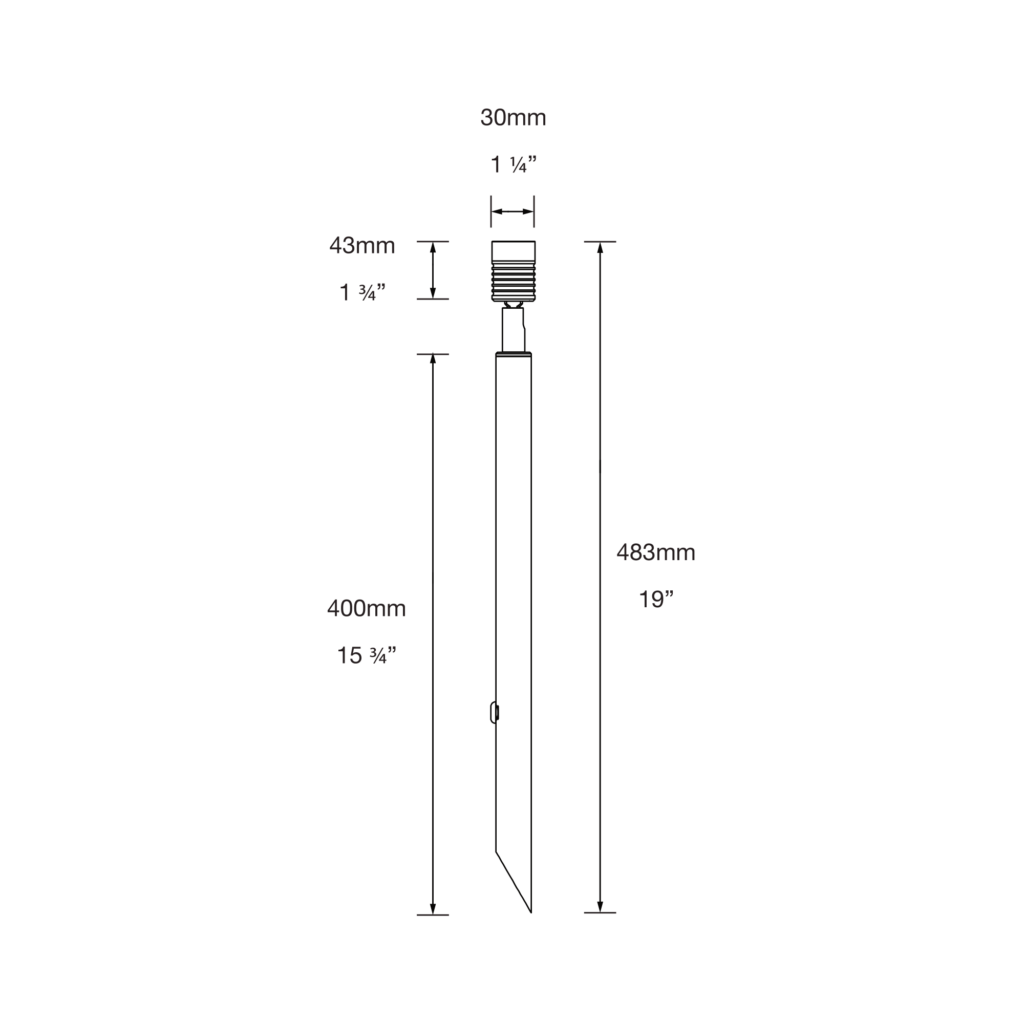 Dimensioned line drawing of the LuxR Modux One Pole Spot