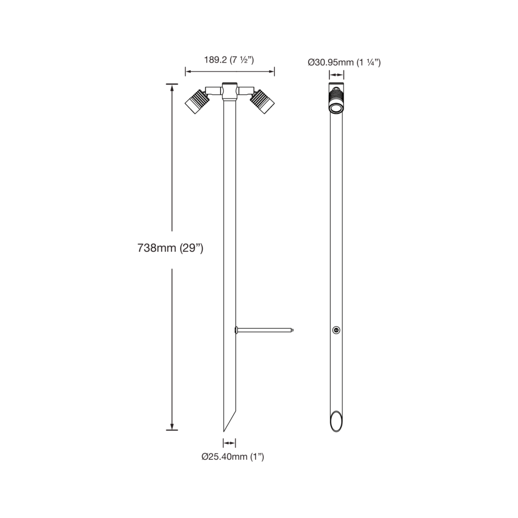 Dimensioned line drawing of the LuxR Modux One Twin Pole Light