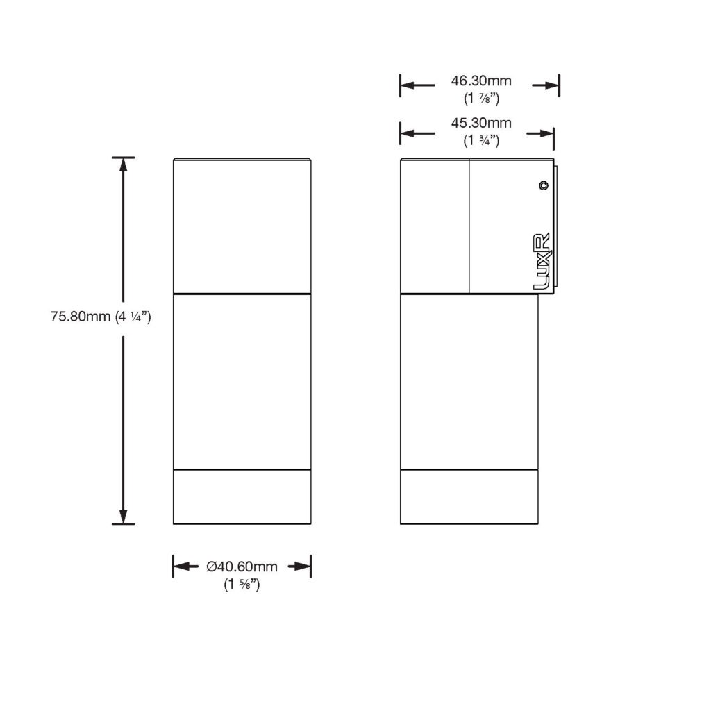 Dimensioned line drawing of the LuxR Modux Two Wall Down Light