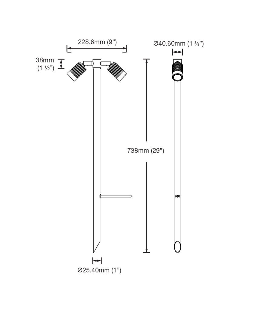 Dimensioned line drawing of the LuxR Modux Two Twin Pole Light