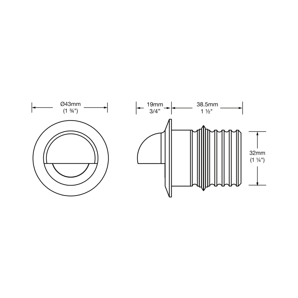 Dimensioned line drawing of the LuxR Modux One Step Light Solid Eyelid